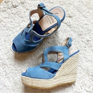 Kanna: Sky Blue Suede Espadrille Ankle Buckle Wedges NWOT Size 39